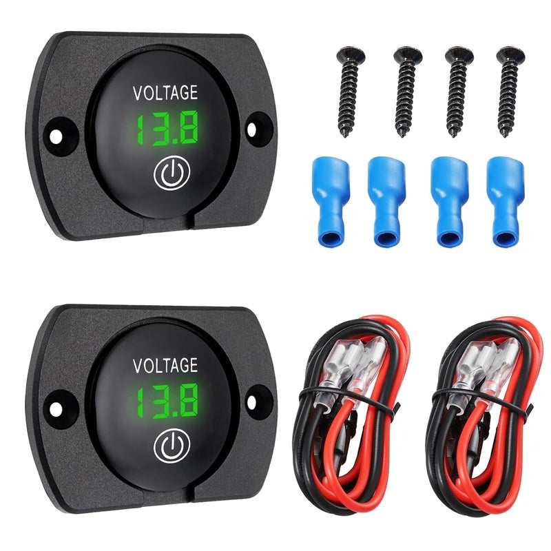 Sumklin 2PCS Green Light Battery Voltage Gauge DC 12V 24V Digital Display Voltage Meter Waterproof Voltmeter with Touch Switch for Boat Marine ATV Car Motorcycle Truck Boat RV - Image 1